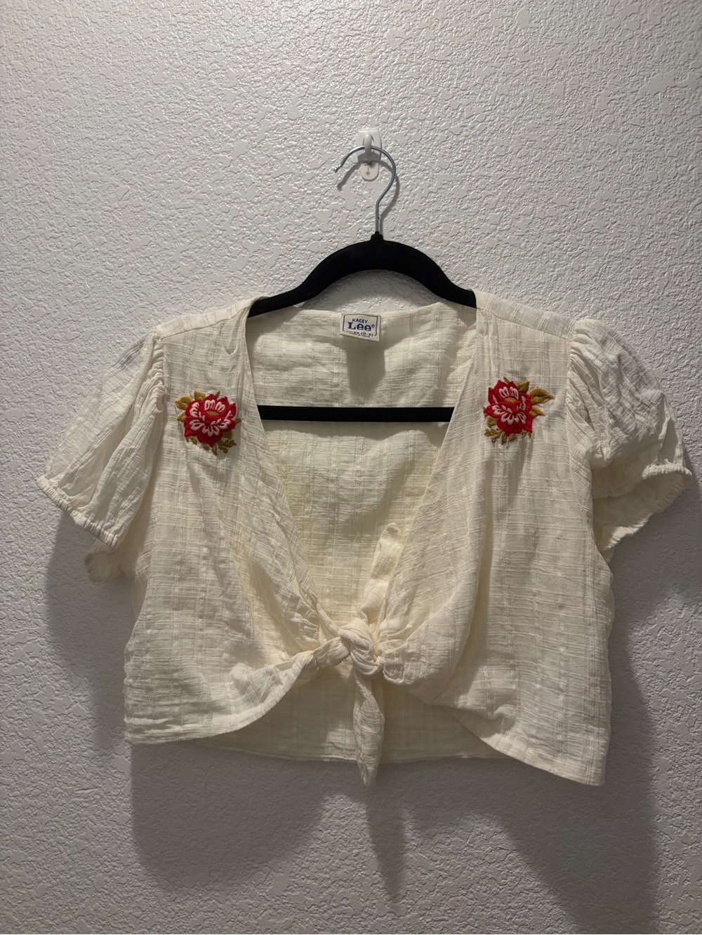 Lee Cream Tie-Front Crop Top with Red Floral Embroidery